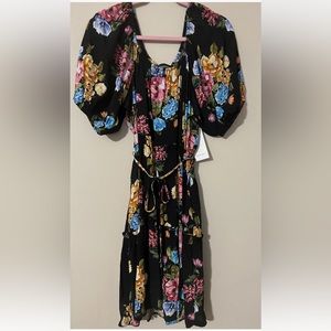 Karen Kane Dress Short Sz L Bright and Beachy Romantic Floral Tiered Made in USA